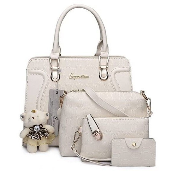 Handbags - Set 4pc Women Handbag Tote Shoulder Bag Top Handle Satchel Purse Beige Wallet
